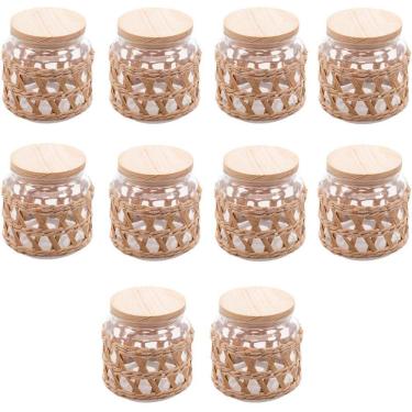 Imagem de Kit 10 Potes Herméticos de Vidro 520ml Sisal Tampa Madeira Porta Mantimentos Wolff 