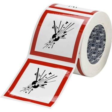 Imagem de Brady 121201 Poliéster GHS Explosive Picto Etiqueta, preto/vermelho sobre branco, 10 cm de altura x 10 cm de largura, pictograma "explosivo" (250 etiquetas por rolo, 1 rolo por pacote)