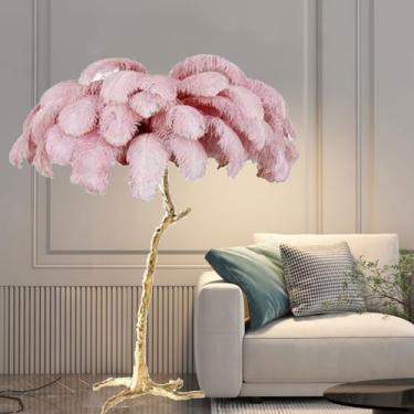 Imagem de Candeeiros de chão românticos candeeiros de mesa para sala de estar quarto decoração natural de penas de avestruz luminária de pé simples moderna luz de leitura regulável com interruptor de pé