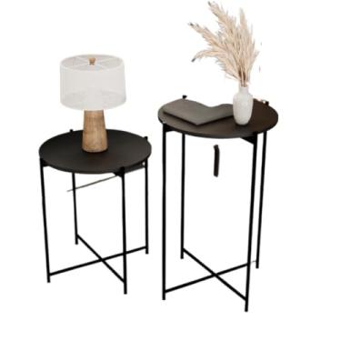 Imagem de Kit Mesinha de Canto Redonda Articulada Pés Aço Dobrável Decoração Sala Mesa Apoio Lateral Centro