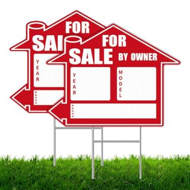 Imagem de Sinais de seta em branco com estacas, 2 peças de sinal de casa para venda, placas de jardim de 43 x 33 cm com estacas, placas de venda para imóveis, com placas de setas, à prova de intempéries (à