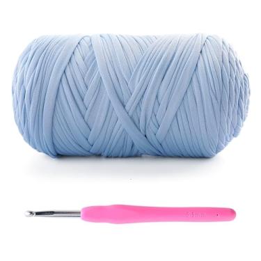 Imagem de Fio de camiseta para crochê - 400 g/130 m para sacos de crochê/cestas/decoração de casa - fio de camiseta de tecido elástico macio com 1 gancho de crochê (1, azul claro)