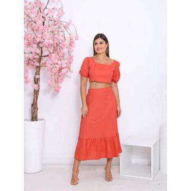 Imagem de Conjunto Feminino Linho Premium Saia Midi e Blusa Manga Bufante Fashio