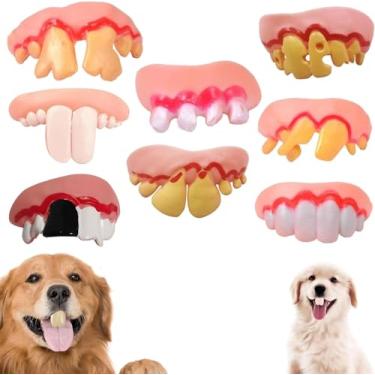 Imagem de DPWOUM Um conjunto de 8 peças de dentes falsos para cães, suportes de dentes de silicone engraçados, brinquedos criativos para mastigar falsos, brinquedo fácil de aplicar, brinquedos interativos