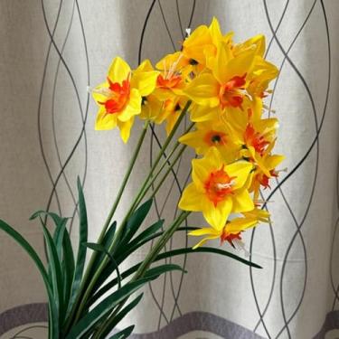 Imagem de Flores artificiais de primavera amarelas 51 cm flores de narciso de seda com hastes arranjos florais falsos para festa em casa, casamento, escritório, decoração (amarelo, 4)
