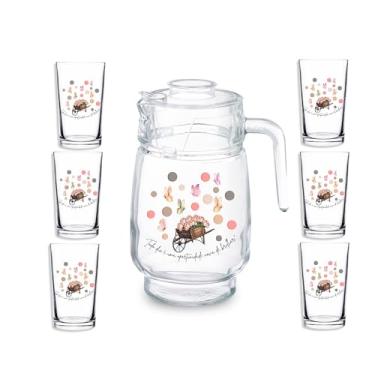 Imagem de Conj Jarra De Suco Agua Com Tampa + 6 Copos Vidro Personalizados Mesa Posta Louça Diferente Cozinha