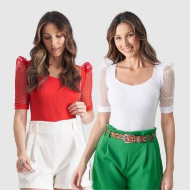 Imagem de Kit 2 Body Canelado Manga Curta Bufante Tule Poa Verão Top - Swisz, Br