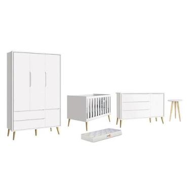 Imagem de Dormitório Theo 3 Portas, Mesa de Canto Branco com Pés Madeira Natural