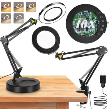 Imagem de ITEFDTUTNE Lupa 10X Com Luz E Suporte, Luminária De Mesa 2 Em 1 Com Braçadeira, 5 Modos De Cor, Lâmpada Regulável Contínua, Lupa Iluminada Por Led Com Luz Para Artesanato, Hobby, Leitura, Costura, R