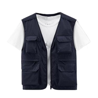 Imagem de Colete De Pesca De Caça Com Zíper De Malha Respirável Sem Mangas Masculino Com Vários Bolsos, Coletes Leves Para Fotografia Viagem E Trabalho Ao Ar Livre No Verão, Para Caminhadas, Caça(Dark blue,XX-L