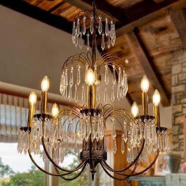 Imagem de TOCHIC Lustre De Cristal Vintage Para Sala De Jantar, Luminária De Teto Pendente De Bronze Antigo Com 8 Lâmpadas E Cristais K9, Lustre Clássico De Fazenda Para Quarto E Cozinha, Diâmetro De 26,4"