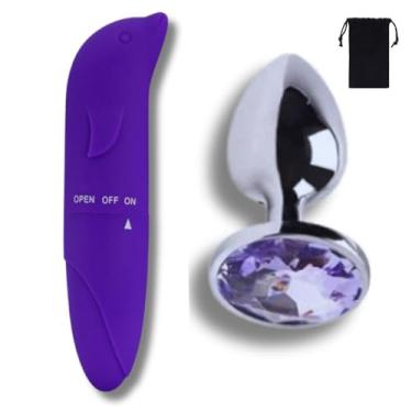 Imagem de Kit Vibrador Feminino Golfinho Estimulador de Clitóris + Plug Anal Pedra de Cristal P - Sex Shop (Roxo)