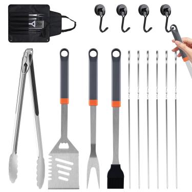 Imagem de HE-SANQI Kit De 15 Acessórios Para Churrasco Em Aço Inoxidável, Ferramentas Premium Com Ganchos E Avental Armazenamento, Conjunto Utensílios Grelhar Ao Ar Livre, Cozinhar, Acampar, Presentes O Dia D