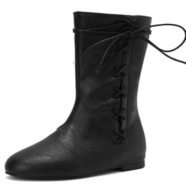 Imagem de Cozivwaiy Botas femininas vintage rasteiras curtas com cadarço confortável bico redondo pirata fantasia medieval renascentista botas vitorianas planas, Preto, 38