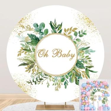 Imagem de Greenery Pano de fundo de chá de bebê Oh Baby Golden Glitter branco e dourado redondo para decoração de festa de aniversário, fotografia 12 x 12 cm, tecido de poliéster 2,2 x 2,2 m