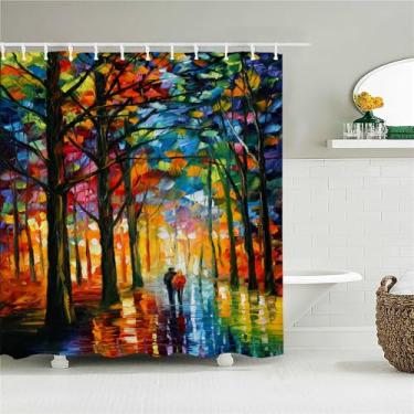 Imagem de Cortina de chuveiro de floresta decoração tecido cortinas de banheiro pintura a óleo paisagem tela de banho com 12 ganchos, JK4483, L90 x A180 cm