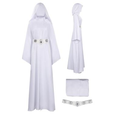 Imagem de Rodwake Fantasia feminina de princesa cosplay vestido branco com capuz roupão longo clássico terno de luxo, Branco, P
