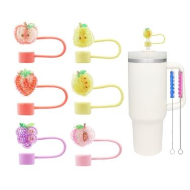 Imagem de 6 peças de tampas de palha de frutas com glitter para copo Stanley, tampas de palha de silicone de 0,4 pol/10 mm compatíveis com copos Stanley de 30 e 1,134 g, tampas de canudo reutilizáveis