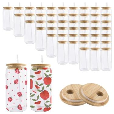 Imagem de Kocdam Copos de vidro de sublimação em branco com tampas e canudos de bambu conjunto de 50 xícaras de café gelado reutilizável de 473 ml, copos para beber latas de cerveja, copo fofo para smoothie,
