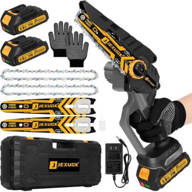 Imagem de Mini motosserra sem fio de 15 cm, motosserra elétrica portátil sem escova com bateria de 2 x 4,0 Ah, motosserra portátil alimentada por bateria para corte de galhos de árvores, poda, jardinagem