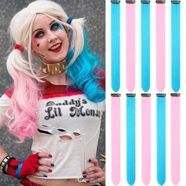 Imagem de 10 peças de extensões de cabelo coloridas, LADYAMZ multicoloridas de destaques de festa com clipe em extensões de cabelo sintético, acessórios de cabelo colorido para meninas, crianças, peças de cabelo liso 55,88 cm (azul celeste + rosa claro)
