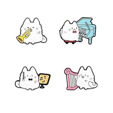 Imagem de Conjunto de 4 pinos esmaltados de gato fofo com desenhos temáticos de leitura e música, emblemas de broche de animal para mochilas, jaquetas e roupas, presente de Natal, Medium, Liga de aço, Cristal