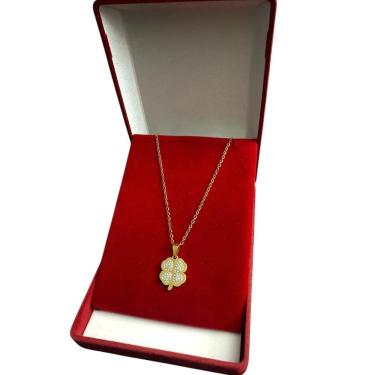 Imagem de Cordão Feminino 1Mm Trevo Cravejado Banhado A Ouro 18K