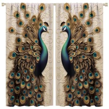 Imagem de Cortina com tema de pássaro pavão dourado preto, fundo cinza avançado parede em meio tom escuro pavão quarto personalidade cortina decorativa, decoração de quarto de meninos e meninas 132 x 213 cm