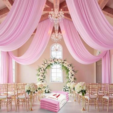 Imagem de Cortina de teto rosa de 6 m × 6 m para festas de casamento, tecido drapeado de poliéster sem rugas, cortina rosa para barraca de festa, dossel de hotel, banquete, salão, decoração de teto, 4 painéis
