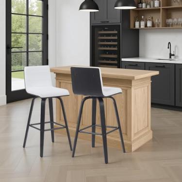 Imagem de Banqueta giratória moderna Vienna com assento de couro sintético branco de neve e moldura de madeira escovada preta conjunto de 2