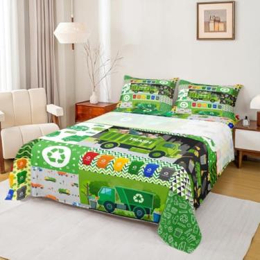 Imagem de Jogo de lençol casal com desenho animado de caminhão de lixo, 4 peças, para decoração de quarto, com linhas geométricas e 1 lençol de cima e 2 fronhas