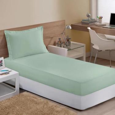 Imagem de Kit Lencol Elástico e Fronha Solteiro Algodão Percal 230 Fios Reffinata Buettner Cor Verde Menta