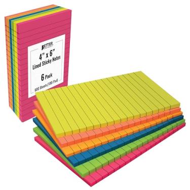 Imagem de Better Office Products Notas adesivas forradas, 4 x 6, pacote com 6, 300 folhas (50/bloco), notas autoadesivas com linhas, 6 cores sortidas brilhantes, post-memorandos, adesivo forte, 6 blocos
