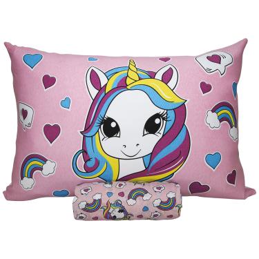 Imagem de Jogo de Cama KazzaVip Solteiro Malha Mista 70% Algodão e 30% Poliéster Joy Sweet Unicórnio 2 peças Rosa