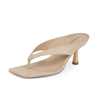 Imagem de VIUGJNEX Chinelo feminino com salto gatinho, bico aberto, salto baixo, fio dental, quadrado, moderno, verão, festa, salto elegante, sandálias femininas, Bege, 41