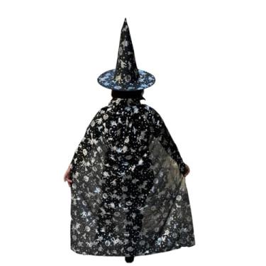 Imagem de Kit Chapéu Preto Estampado com Capa de Bruxa Dourada Prata Halloween Festa Fantasia Cosplay(M,Bruxa Prata)