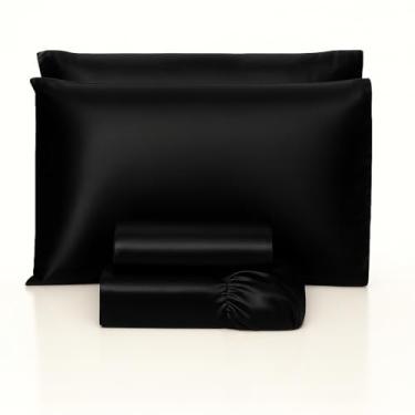Imagem de Jogo de lençol cetim completo 4 peças toque macio acetinado alto brilho casal queen king (Casal, Black)