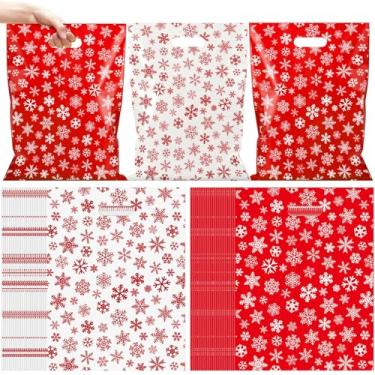 Imagem de Eaasty 100 unidades de sacolas de presente de Natal com alças 40,6 x 30,5 cm grandes sacos de guloseimas de plástico com padrões de floco de neve vermelho e branco para embrulho de presente de festa