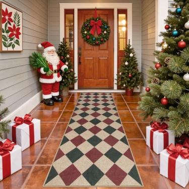 Imagem de Lahome Tapetes de cozinha de Natal xadrez, tapete de corredor de juta fácil de Natal 5 x 20 cm, tapete antiderrapante verde e vermelho para ambientes internos e externos para entrada, lavanderia