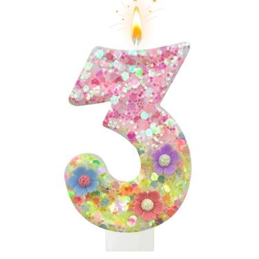 Imagem de Velas de aniversário de flores silvestres - Vela número 3 para topos de bolo, velas de macaron para decorações de festa temática doce, aniversário de casamento e outras celebrações (3 velas)