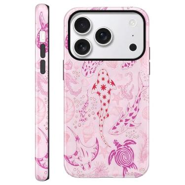 Imagem de CAINAT Capas estéticas para iPhone 17 Pro, tubarões cor-de-rosa, tartarugas, conchas de algas marinhas, capa protetora rígida híbrida de 2 camadas para mulheres e meninas