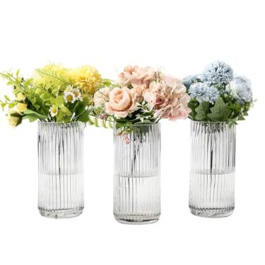 Imagem de YANWE1 Vasos de vidro transparente, conjunto de 3 vasos de flores, vaso de vidro canelado para tulipas, vasos de vidro cilíndricos altos para sala de estar, quarto, mesa de jantar, escritório