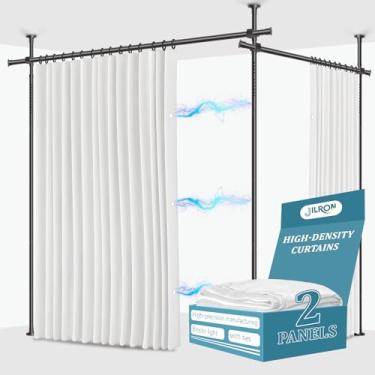 Imagem de Jilron Cortinas de privacidade sem perfuração para conjunto de divisores de ambiente: Inclui cortina branca de 269 cm L x 213 cm C com 2 painéis e suportes de poste ajustáveis (182-508 cm L x 109-304