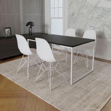 Imagem de Mesa Industrial Base Ferro Branco 137X90 Tampo Preto 4 Cadeiras Eiffel Ferro Branco Assento Branco