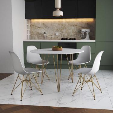 Imagem de Mesa De Jantar Redonda 90Cm Branca Clips 3 Pés Com 4 Cadeiras Eames Eiffel Brancas Base Dourada