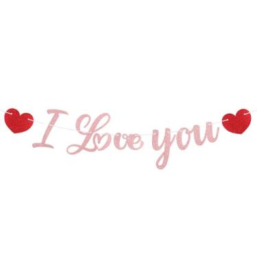Imagem de I Love You Banner, Love You Banner & Red Hearts Rose Gold I Love You Banner Decoração Garland for Proposal Birthday Courtship Wedding Anniversary Bridal Decor