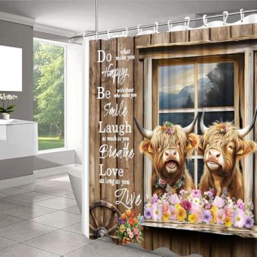 Imagem de QWRSMYX Cortina de chuveiro rústica de vaca Highland engraçada para porta de celeiro ocidental, citações inspiradoras, fazenda, campo, animal, gado, bezerro, fofo, decoração de banheiro, conjunto de