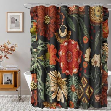 Imagem de Tyrot Cortina de chuveiro Boho floral botânica com babados para banheiro, preta e vermelha