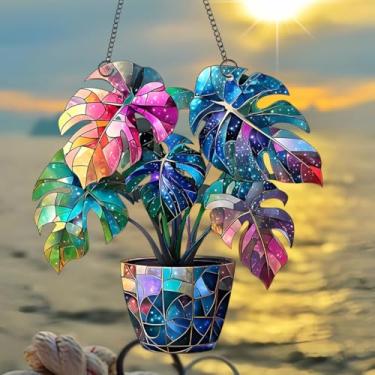 Imagem de 1 pç Colorido Monstera Suncatcher Pendurado, Decoração de Janela de 18 cm com Design de Estilo Vitral Impresso, Ideia de Presente e Ornamento de Jardim Uso Interno Externo/YXYKL-13