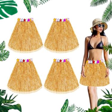 Imagem de Zeyoy Saias de grama de ráfia natural, 4 peças, flores tropicais, luau, hula, decorações para adultos, mulheres, homens, havaianas (4, 39,9 cm)